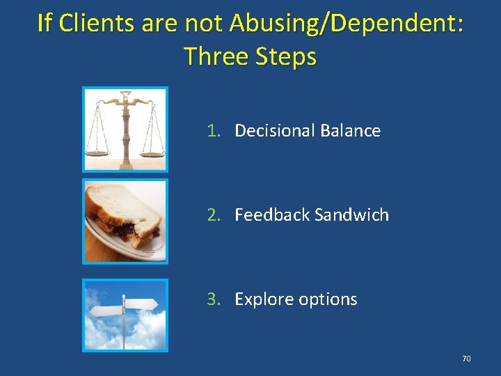 If Clients are not Abusing/Dependent: Three Steps 1. Decisional Balance 2. Feedback Sandwich 3.