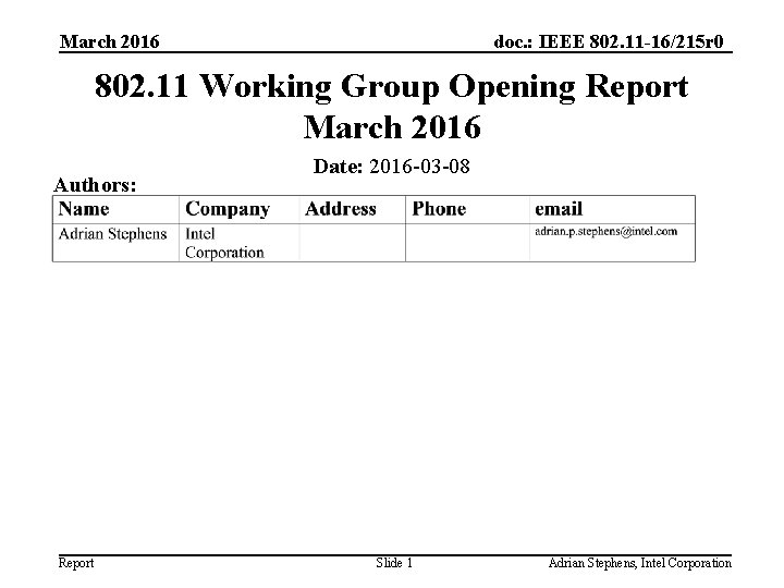 March 2016 doc. : IEEE 802. 11 -16/215 r 0 802. 11 Working Group