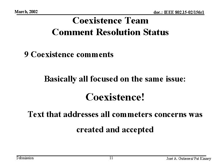 March, 2002 doc. : IEEE 802. 15 -02/156 r 1 Coexistence Team Comment Resolution