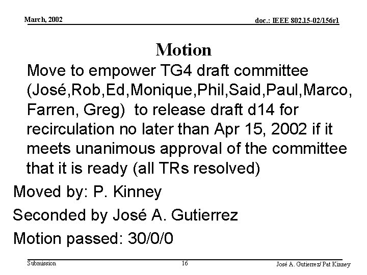 March, 2002 doc. : IEEE 802. 15 -02/156 r 1 Motion Move to empower