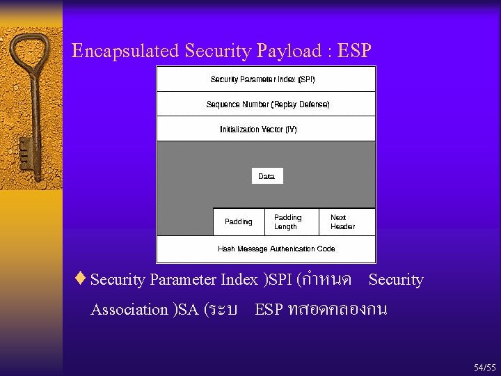 Encapsulated Security Payload : ESP ¨ Security Parameter Index )SPI (กำหนด Security Association )SA
