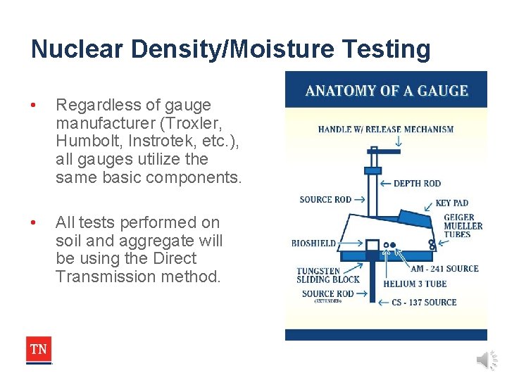 Nuclear Density/Moisture Testing • Regardless of gauge manufacturer (Troxler, Humbolt, Instrotek, etc. ), all