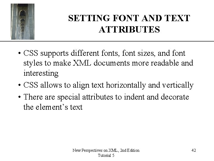 XP SETTING FONT AND TEXT ATTRIBUTES • CSS supports different fonts, font sizes, and