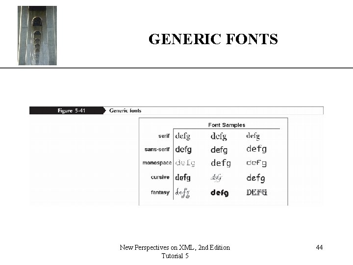 GENERIC FONTS New Perspectives on XML, 2 nd Edition Tutorial 5 XP 44 