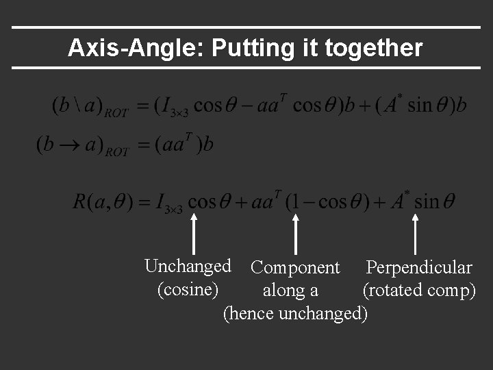 Axis-Angle: Putting it together Unchanged Component Perpendicular (cosine) along a (rotated comp) (hence unchanged)