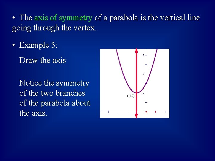  • The axis of symmetry of a parabola is the vertical line going