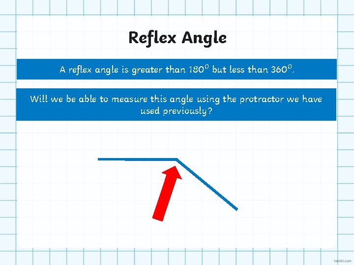 Reflex Angle A reflex angle is greater than 180⁰ but less than 360⁰. Will