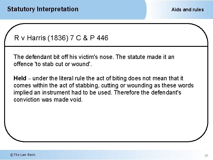 Statutory Interpretation Aids and rules R v Harris (1836) 7 C & P 446