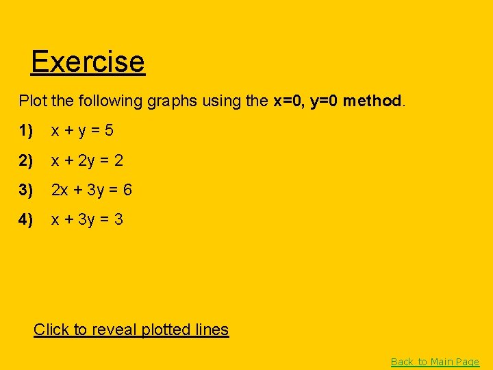 Exercise Plot the following graphs using the x=0, y=0 method. 1) x+y=5 2) x