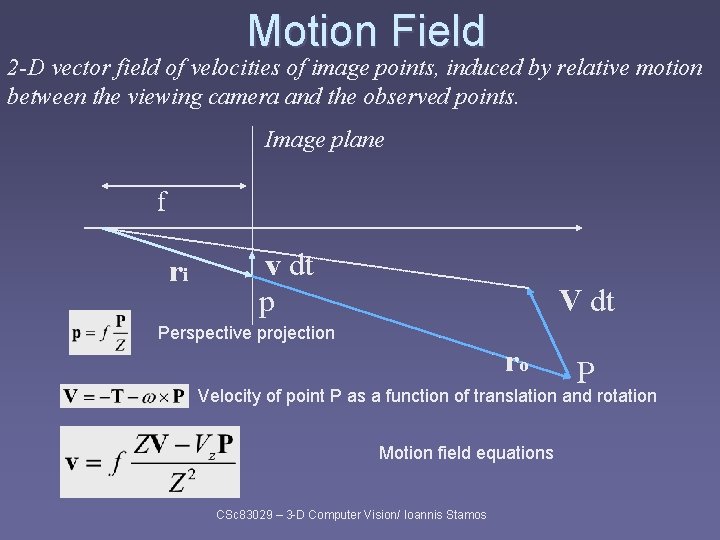 Motion Field 2 -D vector field of velocities of image points, induced by relative Motion Field 2 -D vector field of velocities of image points, induced by relative