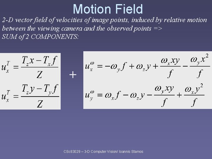 Motion Field 2 -D vector field of velocities of image points, induced by relative