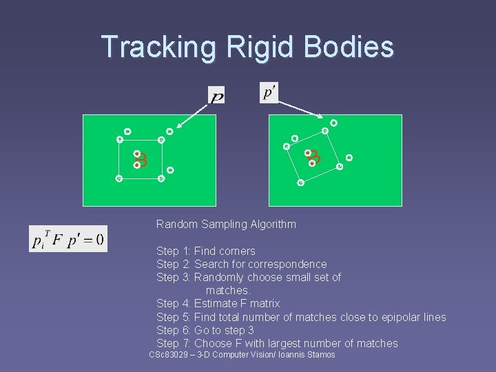 Tracking Rigid Bodies B B Random Sampling Algorithm Step 1: Find corners Step 2: Tracking Rigid Bodies B B Random Sampling Algorithm Step 1: Find corners Step 2: