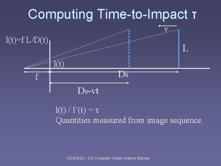 Computing Time-to-Impact τ v l(t)=f L/D(t) L l(t) D 0 f D 0 -vt Computing Time-to-Impact τ v l(t)=f L/D(t) L l(t) D 0 f D 0 -vt
