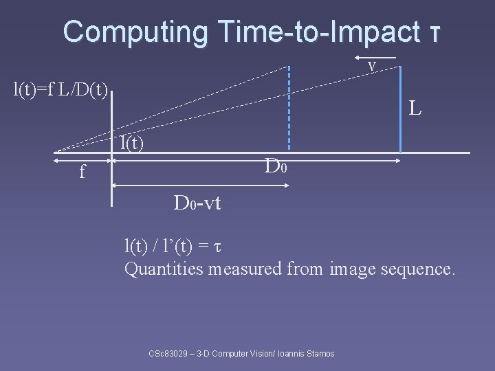 Computing Time-to-Impact τ v l(t)=f L/D(t) L l(t) D 0 f D 0 -vt