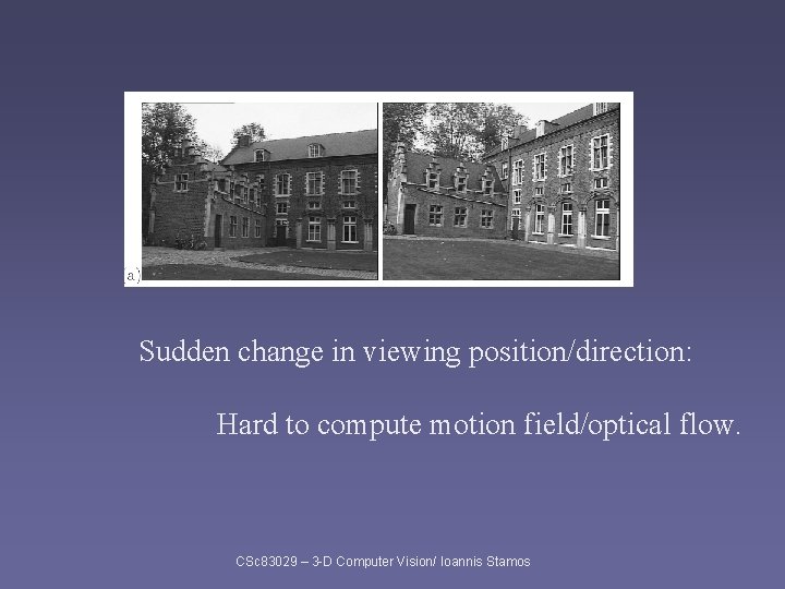 Sudden change in viewing position/direction: Hard to compute motion field/optical flow. CSc 83029 – Sudden change in viewing position/direction: Hard to compute motion field/optical flow. CSc 83029 –