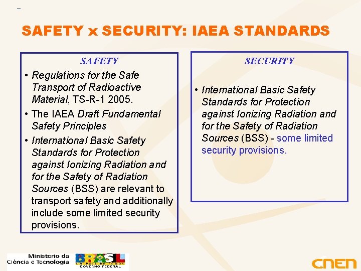 SAFETY x SECURITY: IAEA STANDARDS SAFETY • Regulations for the Safe Transport of Radioactive