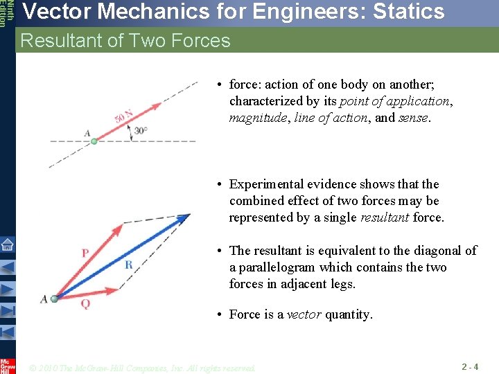 Ninth Edition Vector Mechanics for Engineers: Statics Resultant of Two Forces • force: action