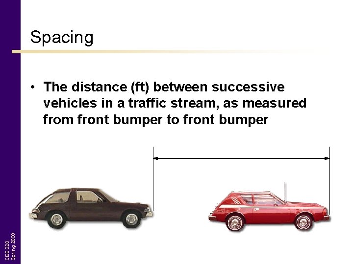 Spacing CEE 320 Spring 2008 • The distance (ft) between successive vehicles in a