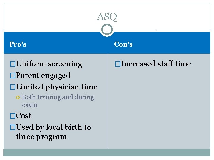 ASQ Pro’s Con’s �Uniform screening �Increased staff time �Parent engaged �Limited physician time Both