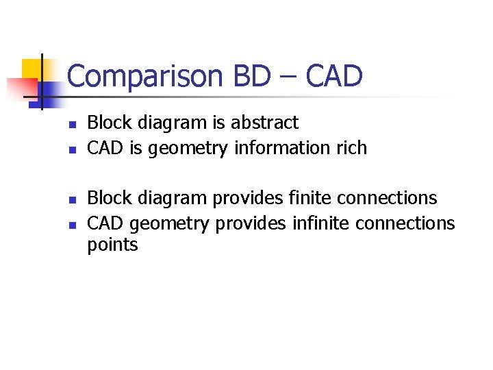 Comparison BD – CAD n n Block diagram is abstract CAD is geometry information Comparison BD – CAD n n Block diagram is abstract CAD is geometry information