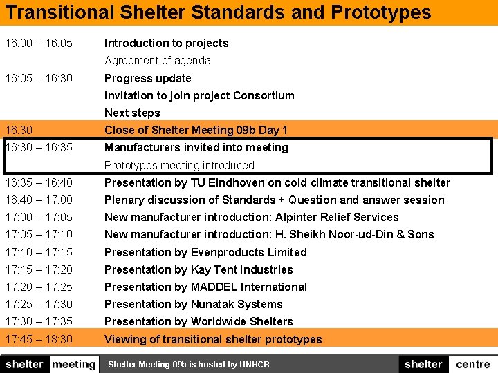 Transitional Shelter Standards and Prototypes 16: 00 – 16: 05 Introduction to projects Agreement