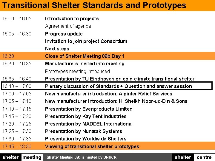 Transitional Shelter Standards and Prototypes 16: 00 – 16: 05 Introduction to projects Agreement