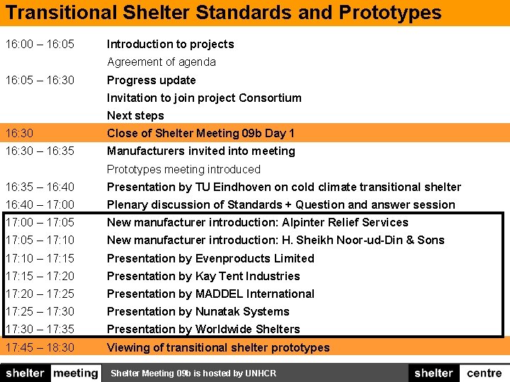 Transitional Shelter Standards and Prototypes 16: 00 – 16: 05 Introduction to projects Agreement