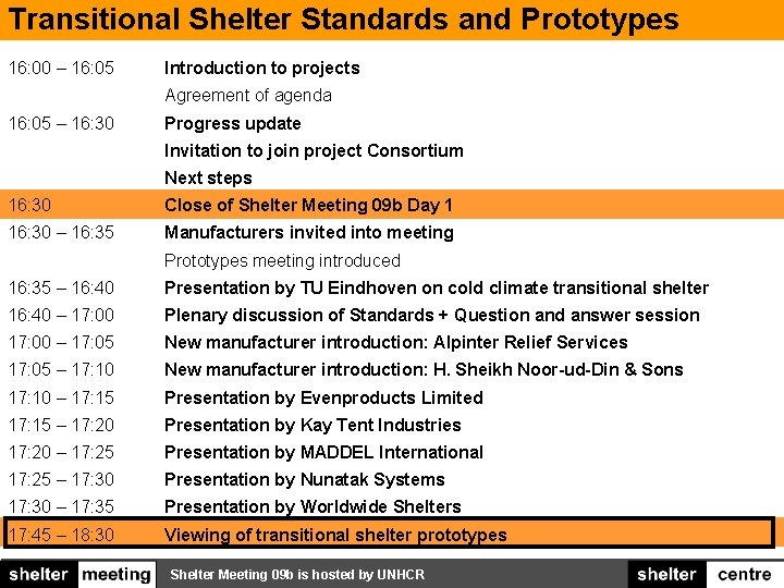 Transitional Shelter Standards and Prototypes 16: 00 – 16: 05 Introduction to projects Agreement