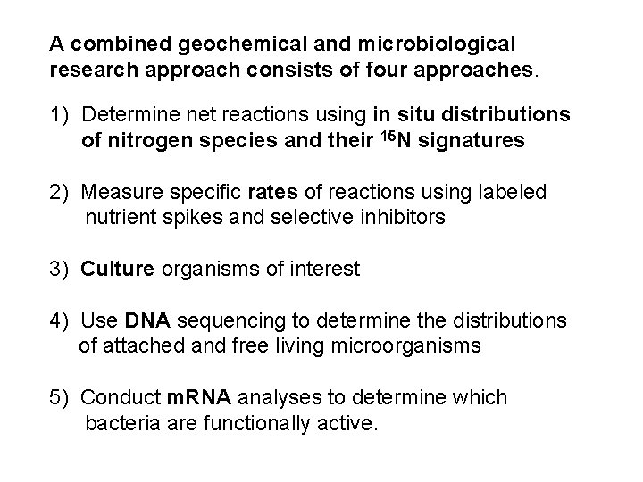 A combined geochemical and microbiological research approach consists of four approaches. 1) Determine net