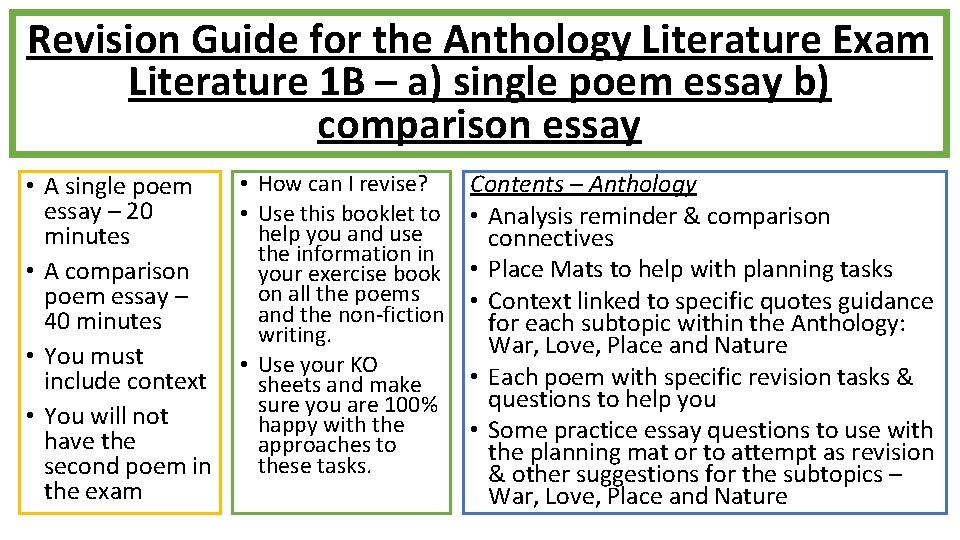 Revision Guide for the Anthology Literature Exam Literature 1 B – a) single poem
