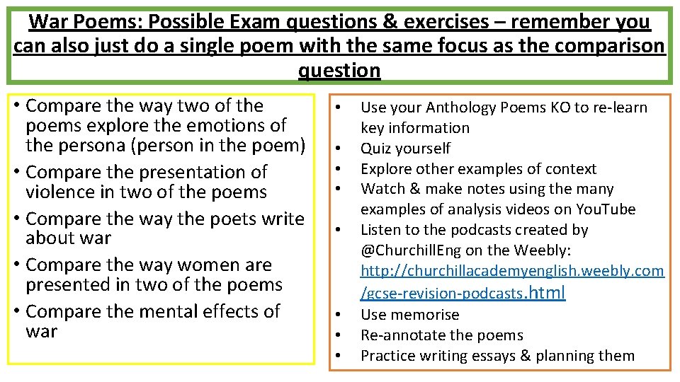War Poems: Possible Exam questions & exercises – remember you can also just do