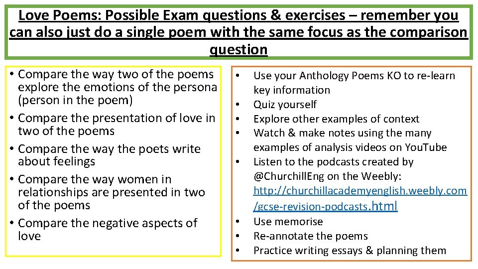 Love Poems: Possible Exam questions & exercises – remember you can also just do