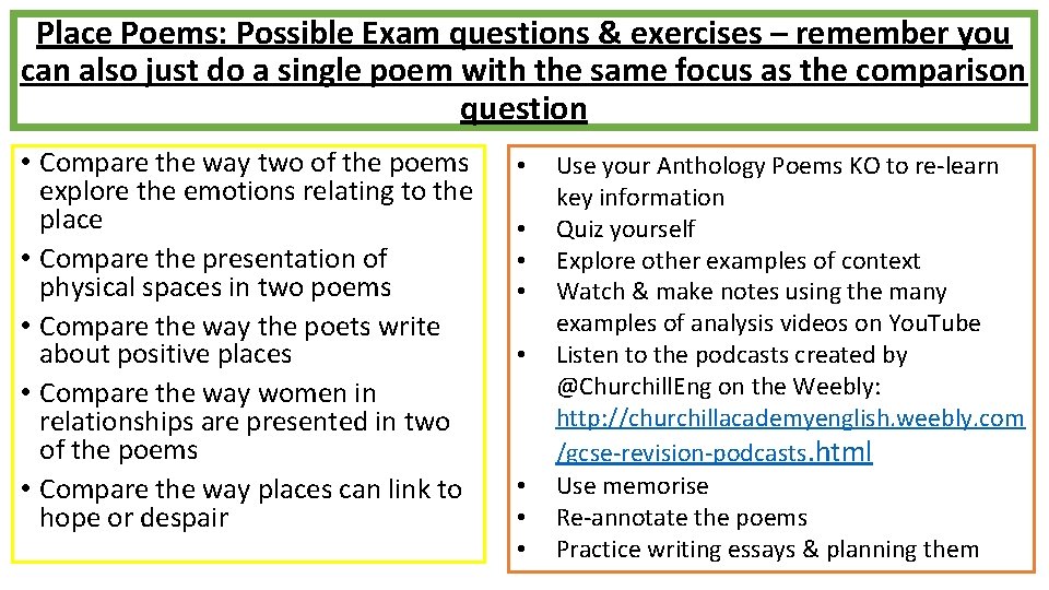 Place Poems: Possible Exam questions & exercises – remember you can also just do