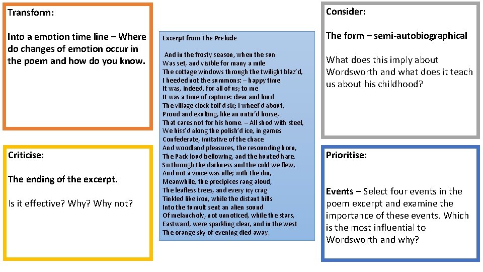 Consider: Transform: Into a emotion time line – Where do changes of emotion occur