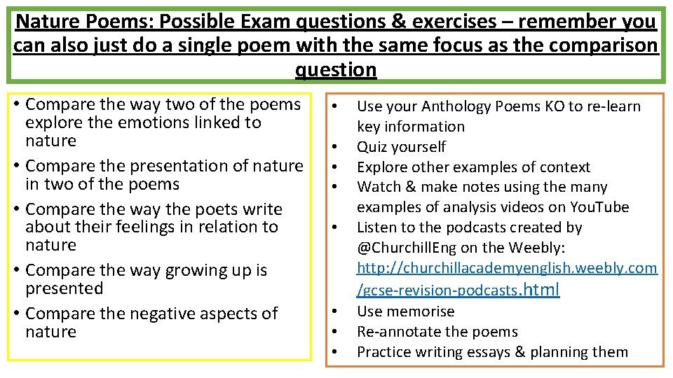 Nature Poems: Possible Exam questions & exercises – remember you can also just do