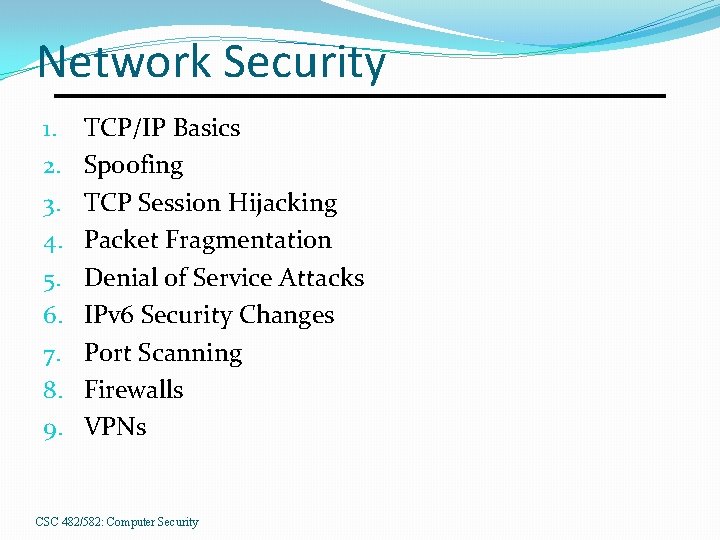Network Security 1. 2. 3. 4. 5. 6. 7. 8. 9. TCP/IP Basics Spoofing