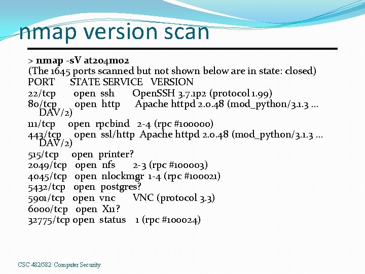 nmap version scan > nmap -s. V at 204 m 02 (The 1645 ports