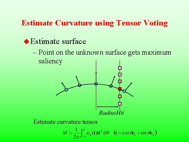 Estimate Curvature using Tensor Voting u Estimate surface – Point on the unknown surface