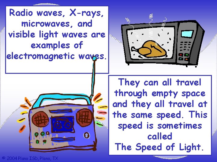 Radio waves, X-rays, microwaves, and visible light waves are examples of electromagnetic waves. They