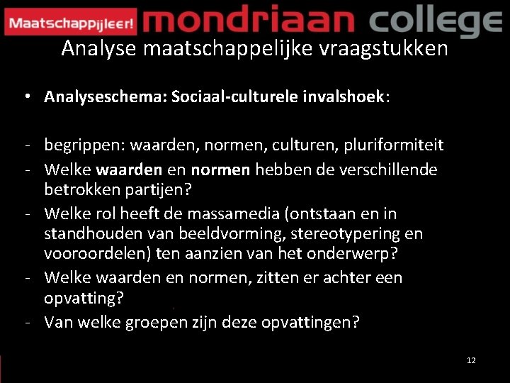 Analyse maatschappelijke vraagstukken • Analyseschema: Sociaal-culturele invalshoek: - begrippen: waarden, normen, culturen, pluriformiteit -