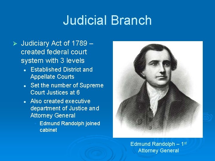 Judicial Branch Ø Judiciary Act of 1789 – created federal court system with 3