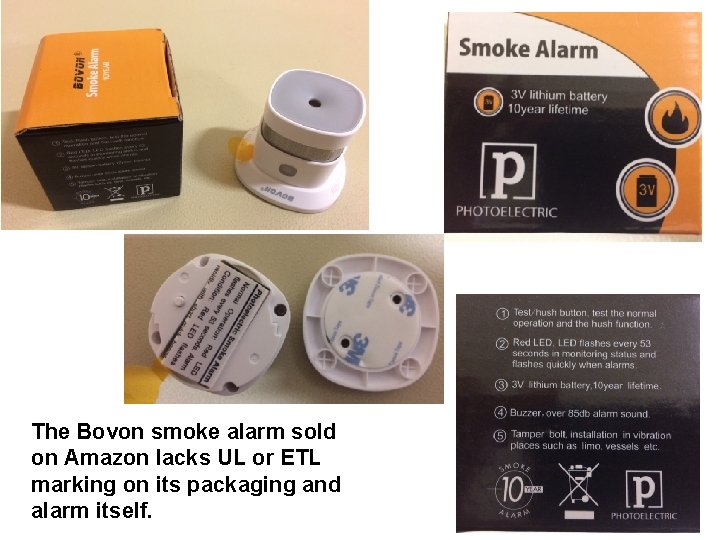 The Bovon smoke alarm sold on Amazon lacks UL or ETL marking on its