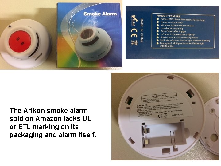 The Arikon smoke alarm sold on Amazon lacks UL or ETL marking on its