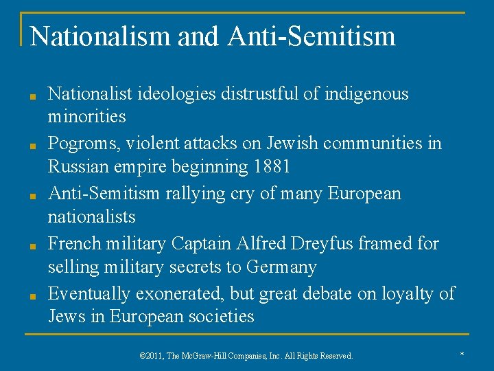 Nationalism and Anti-Semitism ■ ■ ■ Nationalist ideologies distrustful of indigenous minorities Pogroms, violent