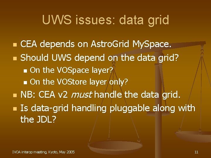 UWS issues: data grid n n CEA depends on Astro. Grid My. Space. Should