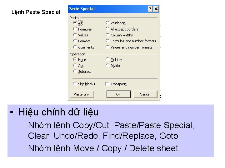 Lệnh Paste Special • Hiệu chỉnh dữ liệu – Nhóm lệnh Copy/Cut, Paste/Paste Special,