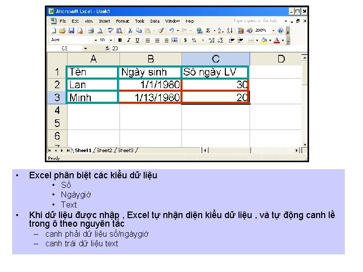  • Excel phân biệt các kiểu dữ liệu • Số • Ngàygiờ •