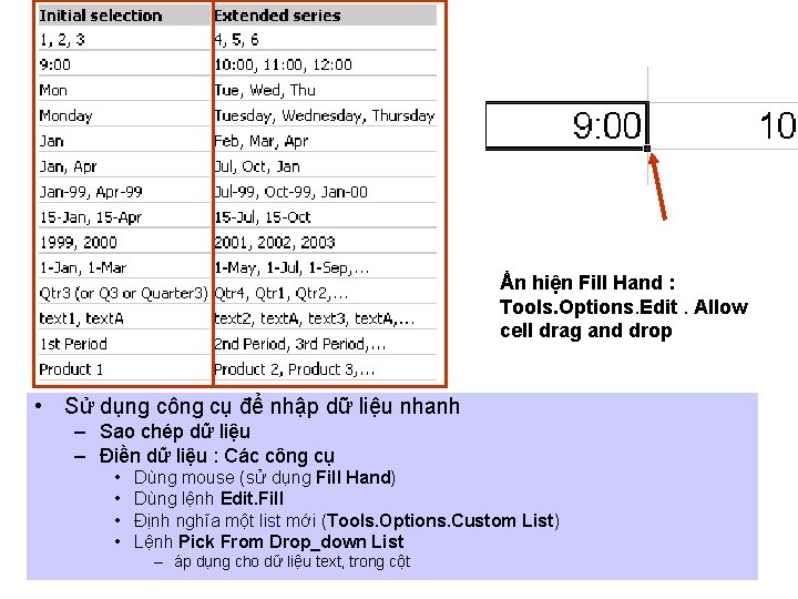 Ẩn hiện Fill Hand : Tools. Options. Edit. Allow cell drag and drop •