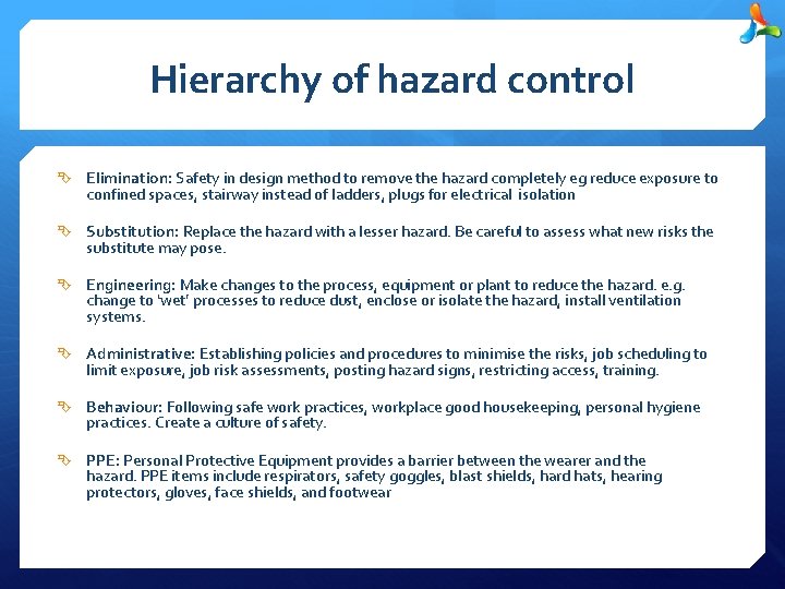 Hierarchy of hazard control Elimination: Safety in design method to remove the hazard completely