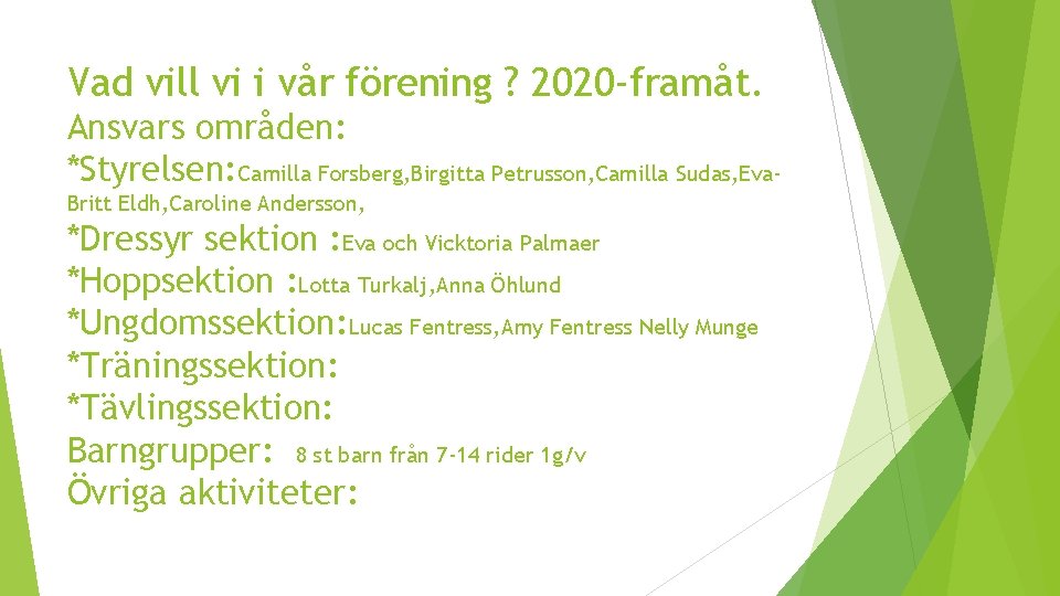 Vad vill vi i vår förening ? 2020 -framåt. Ansvars områden: *Styrelsen: Camilla Forsberg,